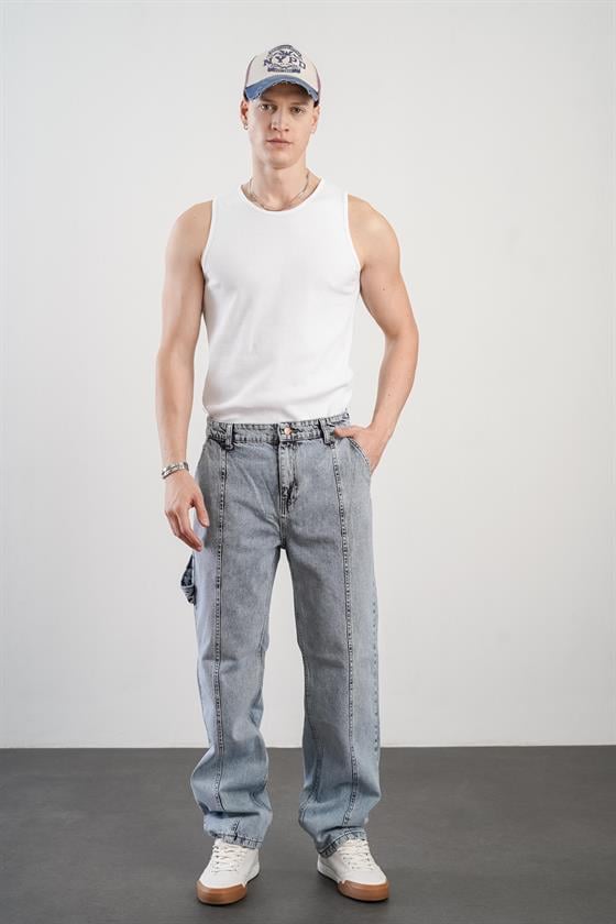 Yüksek Bel Önü Dikiş Detaylı Baggy Kalıp Erkek Bol Kesim Jean