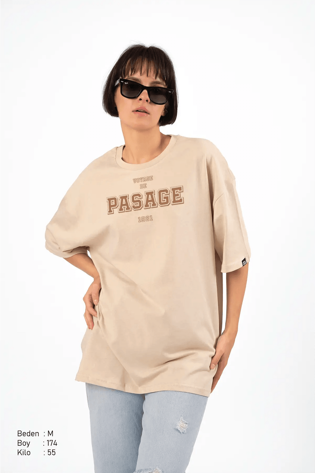 Vdp 1981 Bej Oversize Kadın Tişört PΛSΛGE